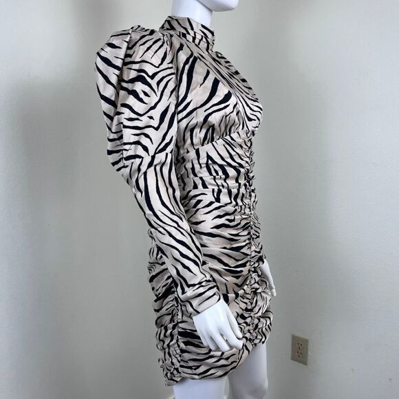 Bardot Women Size 10 Beige Animal Print Puff Sleeve Ruched Mini NEW Dress Party - Picture 4 of 16
